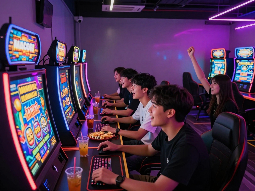 Mesin slot gacor yang memicu kegembiraan saat teman-teman merayakan jackpot di lounge permainan.