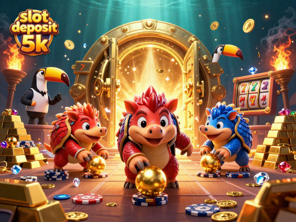 Join the slot deposit 5k game with pangolins rolling into golden balls and vibrant casino elements.
