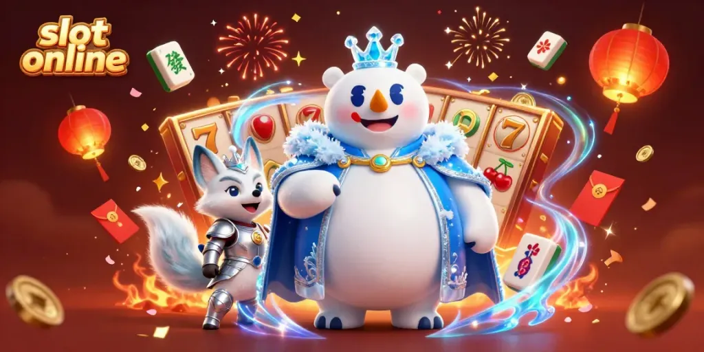 Experience slot online excitement with this whimsical 3D casino illustration featuring an ice king polar bear and vibrant game elements.