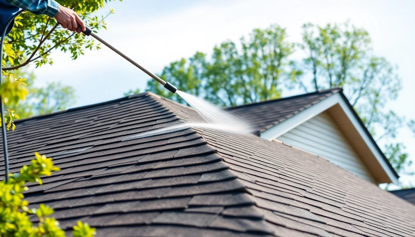 Roof Cleaning in action with a professional cleaner gently spraying a roof, ensuring no damage to shingles.