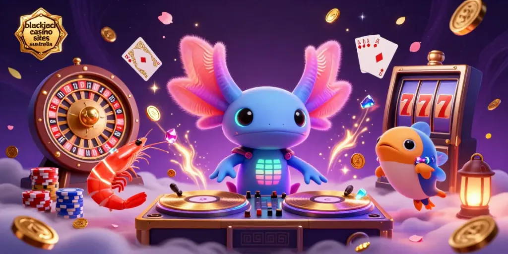 Experience vibrant gameplay with blackjack casino sites Australia featuring a neon axolotl DJ, dancing shrimp, and golden coins.