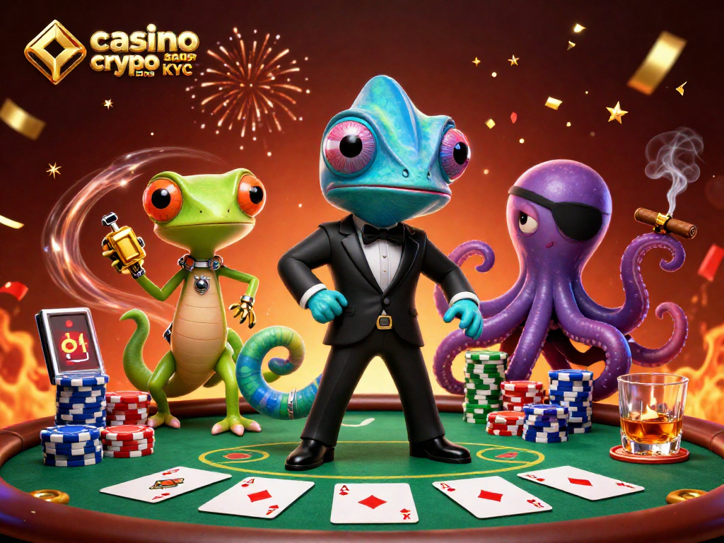 Jouer au casino crypto sans KYC en toute fluidité avec des personnages de casino et éléments de jeu de cartes.