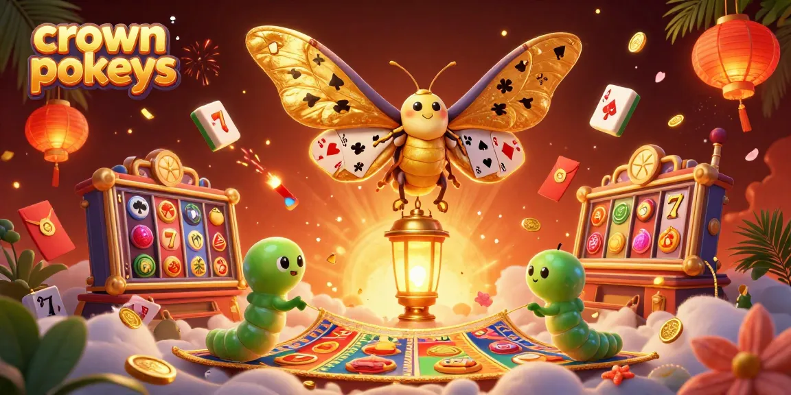 Crown pokies showcase vibrant 3D illustration of slots, golden moth, and casino elements for engaging gameplay.
