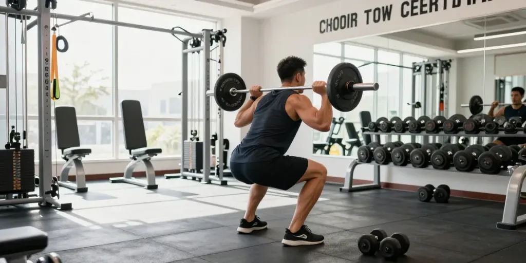 Energetic fitness scene with steroidi anabolizzanti user performing squats in modern gym.
