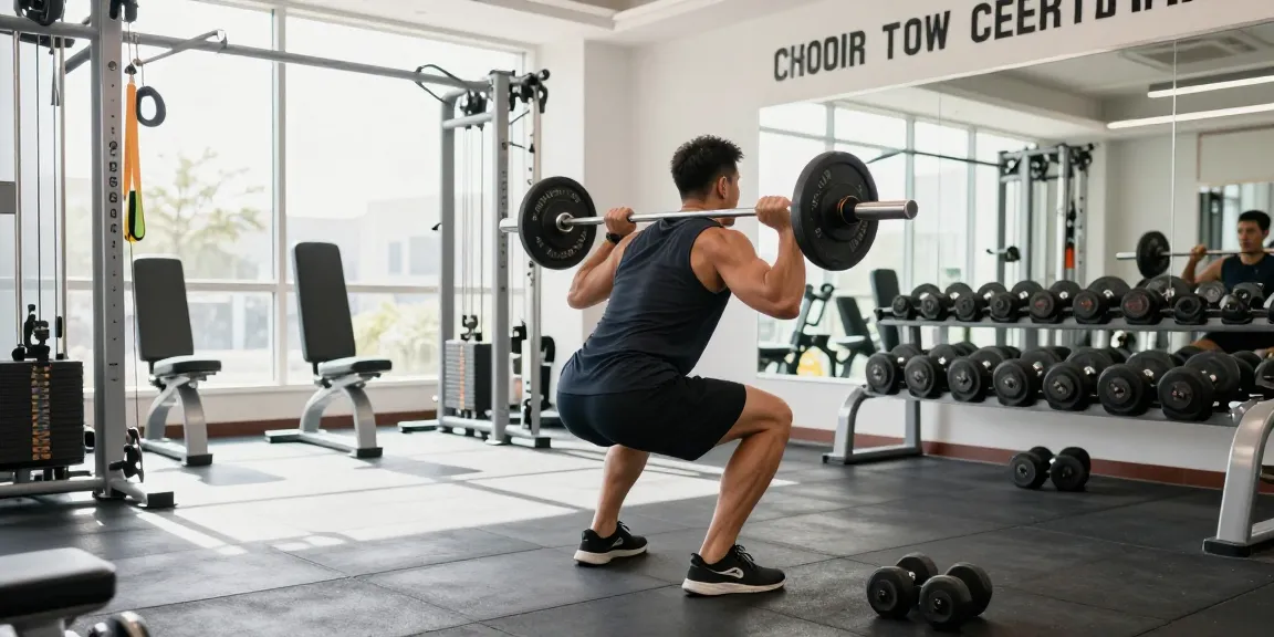 Energetic fitness scene with steroidi anabolizzanti user performing squats in modern gym.