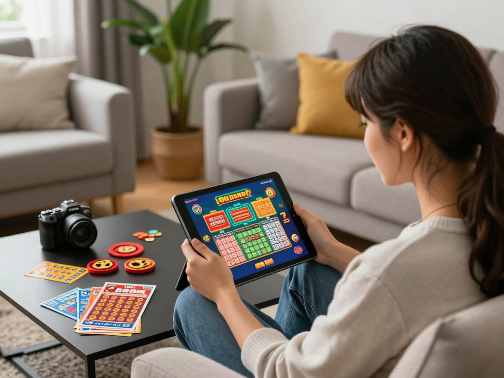 Engaging online lottery gameplay experience featuring Dewatogel in a cozy setting with lottery tickets and a tablet.