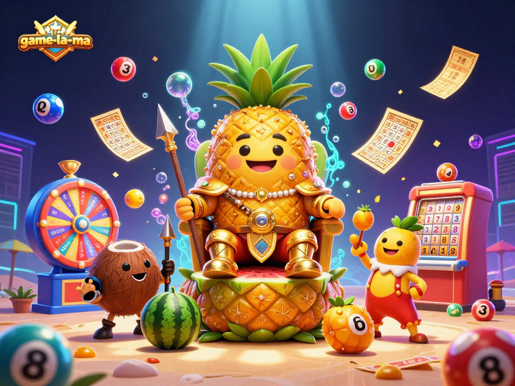 Experience the vibrant world of game-la-ma with a golden pineapple king amidst thrilling beach casino excitement.