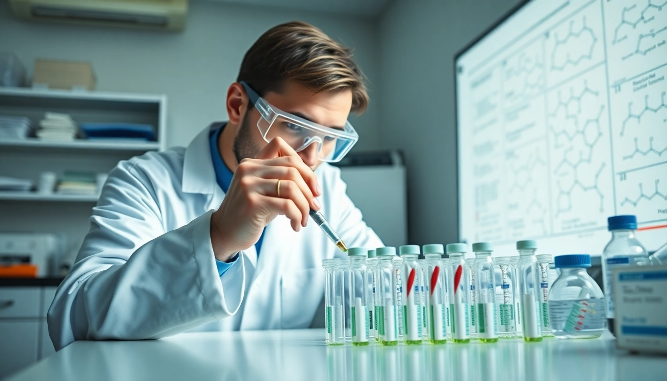 Pipetting klow research peptides into vials in a modern laboratory.
