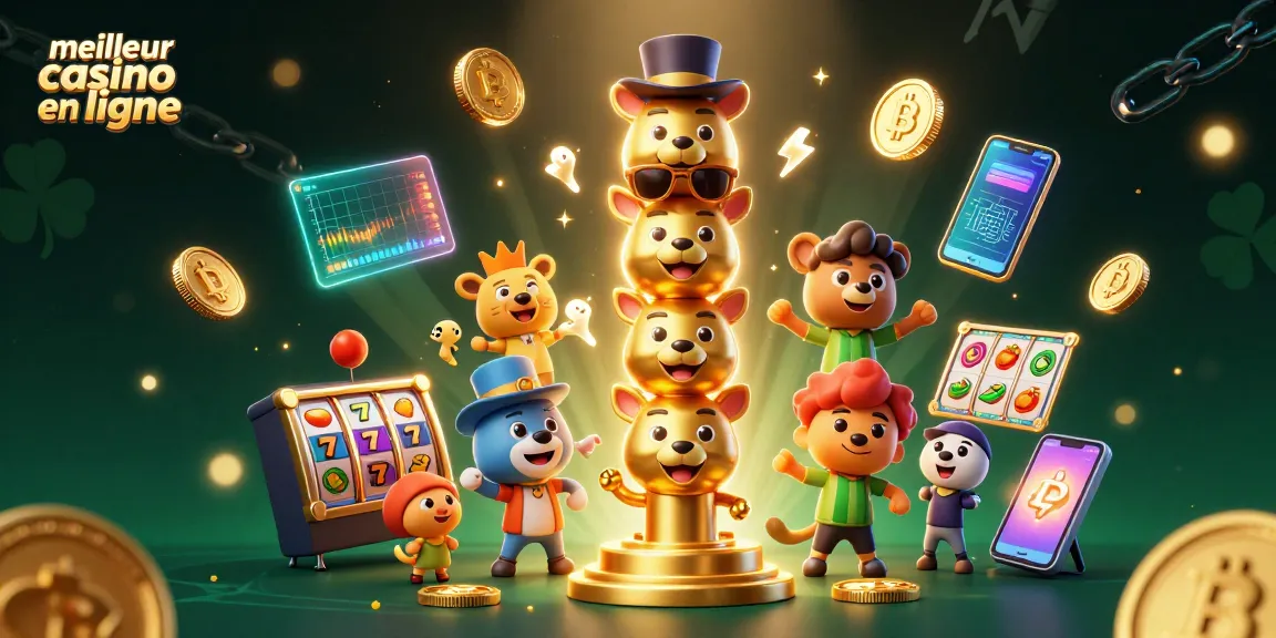 Illustration dynamique du meilleur casino en ligne avec une machine à sous entre un totem et des pièces de crypto-monnaie.