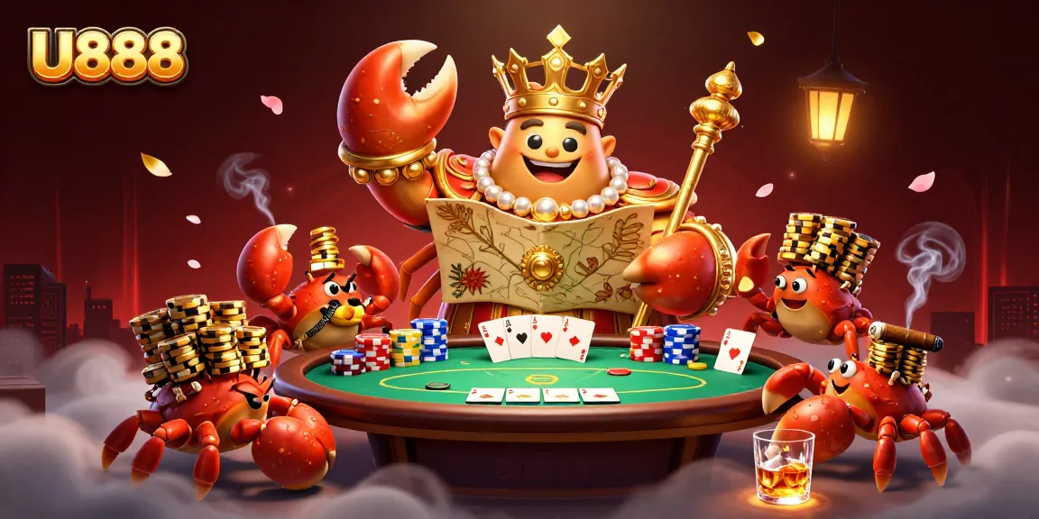 Catch the excitement of U888 with a golden crab emperor and lively poker scene.