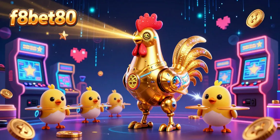 Engage with f8bet80's vibrant casino scene featuring a golden rooster robot and drones surrounded by arcade elements.