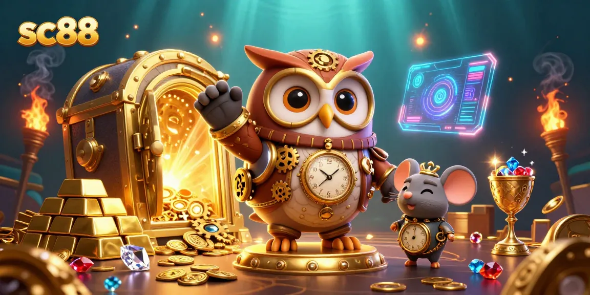 Experience the thrill of sc88's 3D cartoon time-traveler owl navigating a vibrant casino wonderland.