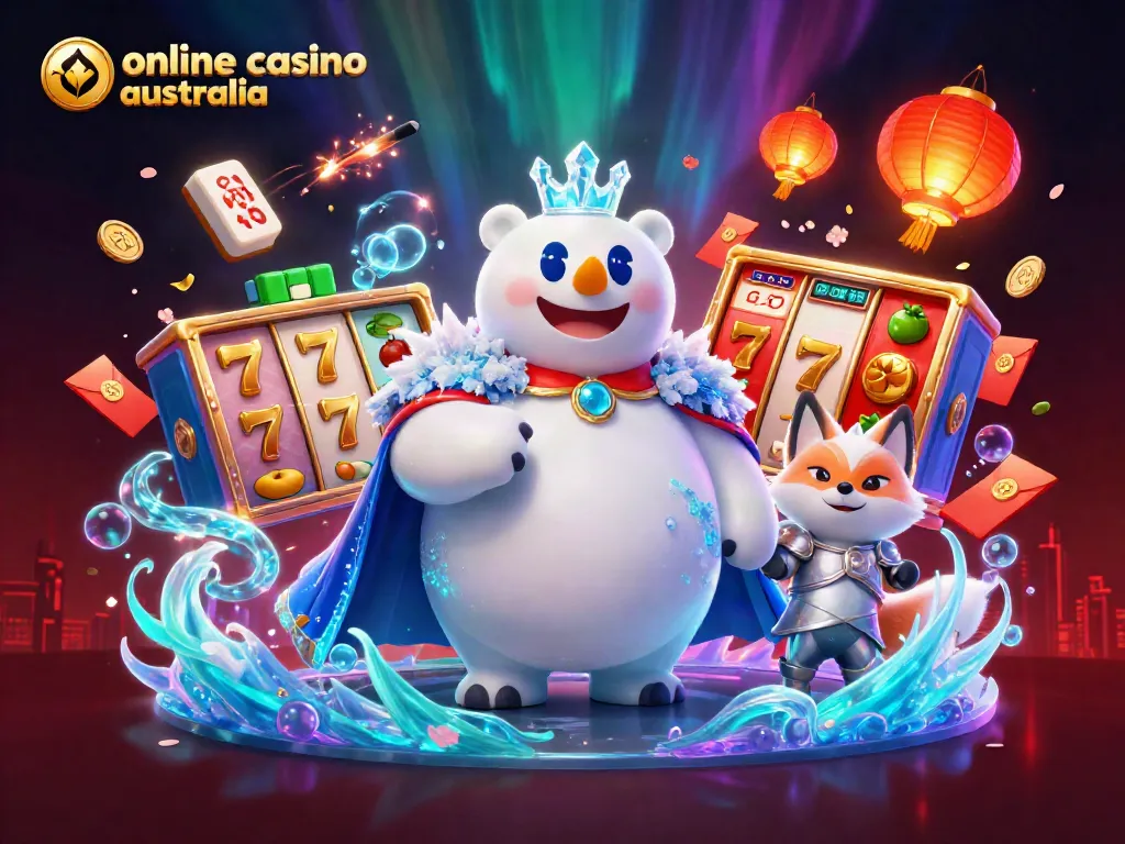 Engage in online casino Australia with vibrant 3D illustration of a polar bear and snow fox amidst gaming symbols.