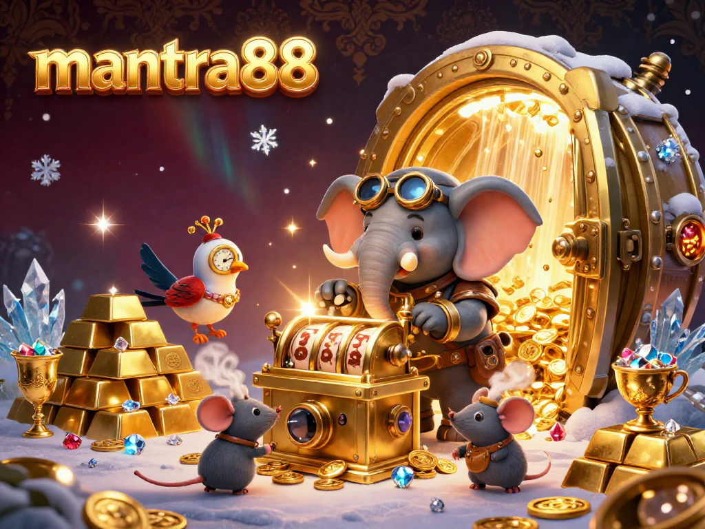 Spin the golden slot machine at mantra88 with a steampunk elephant engineer surrounded by treasure.