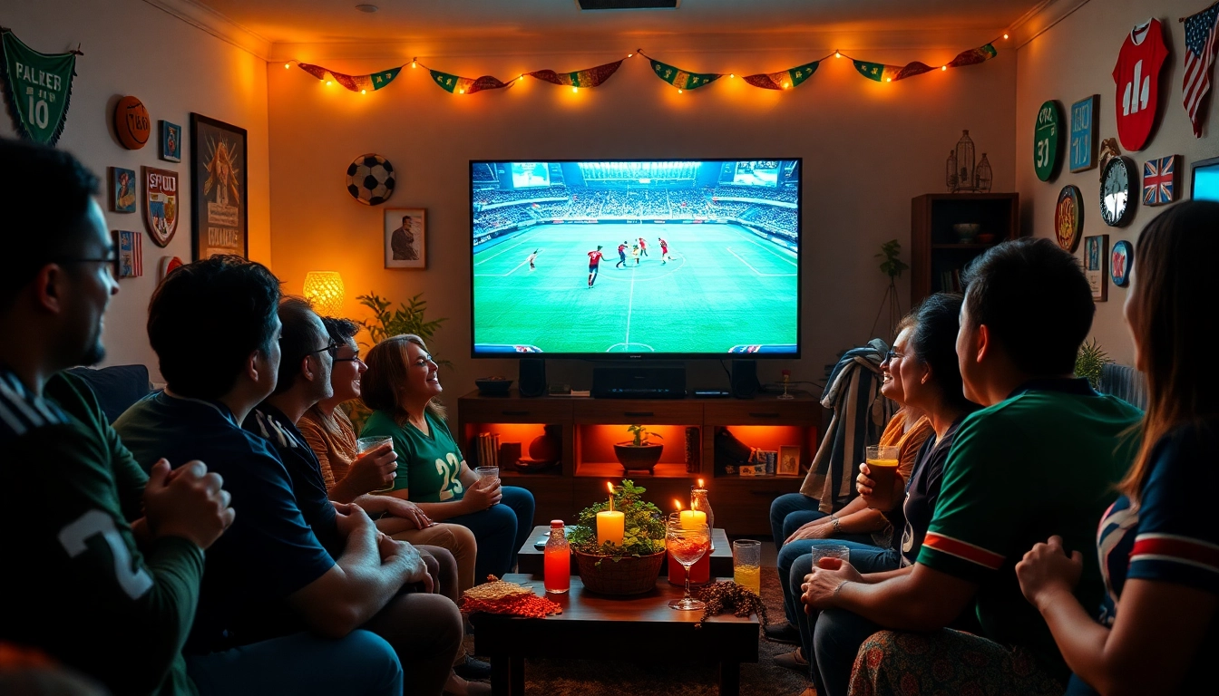 Saksi bolakami streaming sepak bola dengan para penggemar bersemangat di ruang tamu.