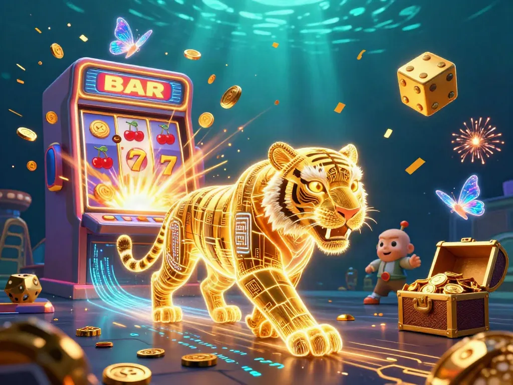 Winning big with BK88 com's dazzling digital casino, featuring a golden tiger and slot machine.