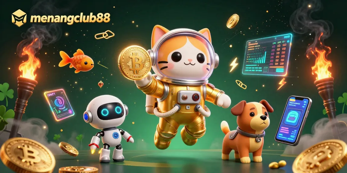 Engage with winning strategies at menangclub88, featuring vibrant crypto-themed elements in a dynamic casino setting.