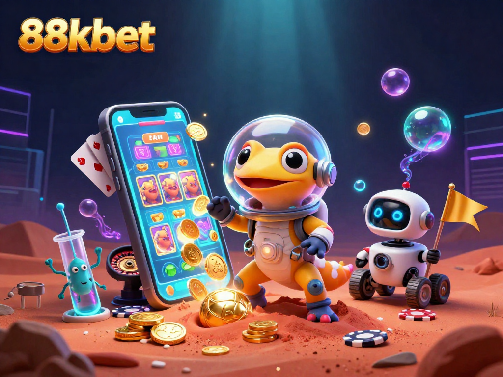 Engage in thrilling gaming action at 88kbet with vibrant 3D Martian gecko and casino elements.