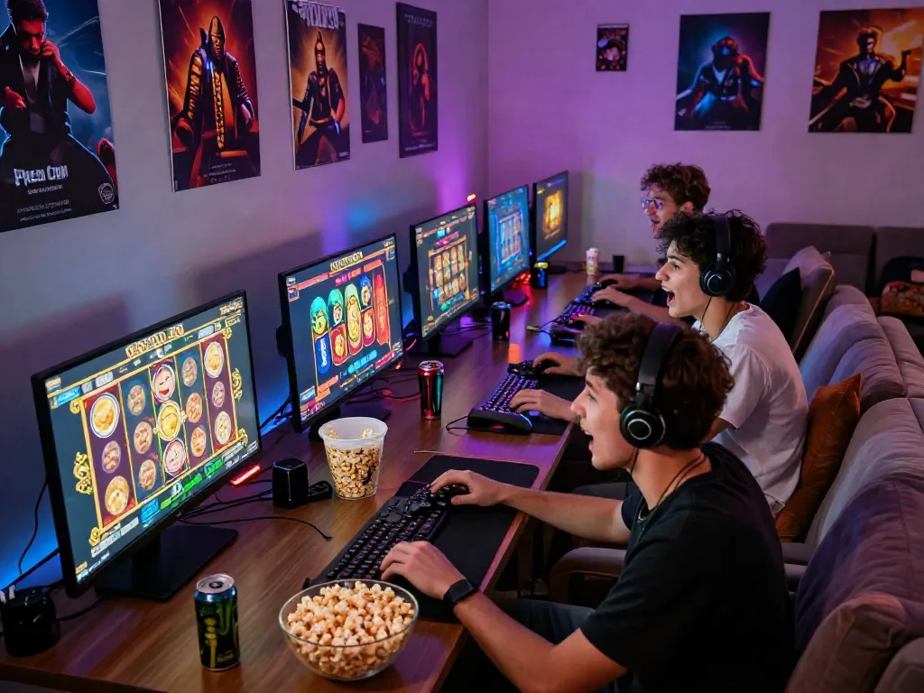 Friends enjoying a thrilling slot game night, surrounded by vibrant graphics and cozy gaming atmosphere.