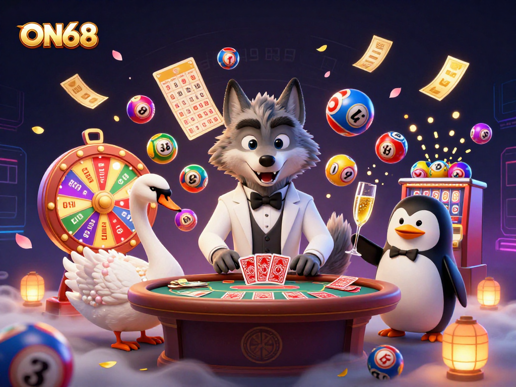 Engage in thrilling baccarat games with ON68's elegant wolf, swan dealer, and penguin sommelier.