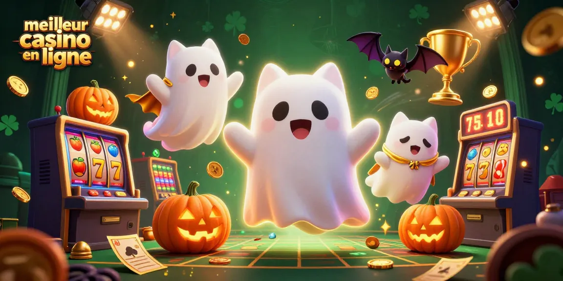 Illustration dynamique d'un chat fantôme avec le meilleur casino en ligne, entouré de machines à sous et de jackpots.