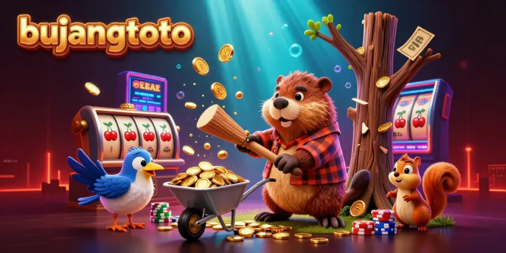Bujangtoto showcases a lively casino scene with a cartoon beaver, golden coins, and slot reels, representing online gaming excitement.
