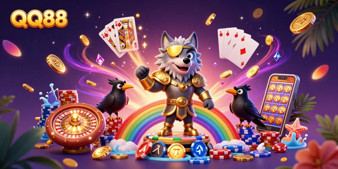 Experience the thrill of QQ88 with a 3D Norse-inspired wolf and ravens amid casino elements.