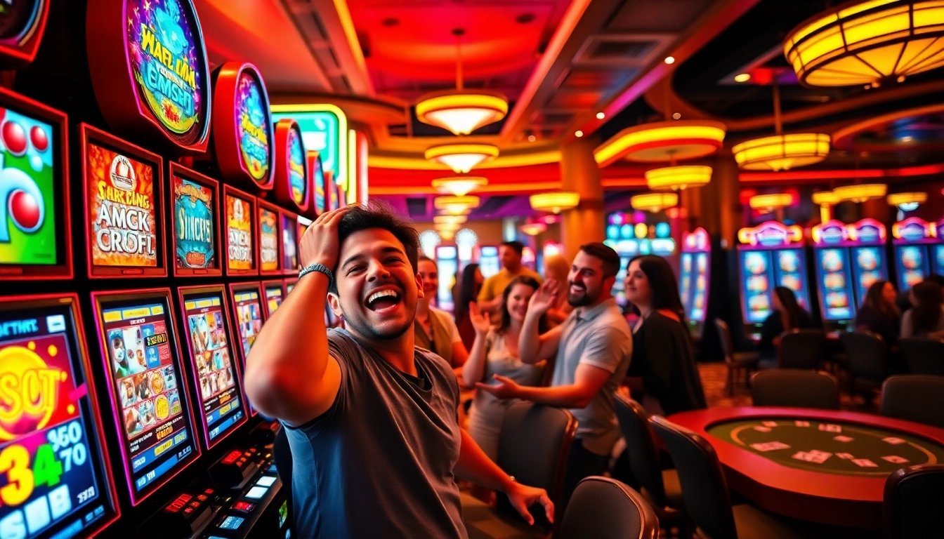 Engaged player enjoying slot gambling at a colorful casino, surrounded by excitement.
