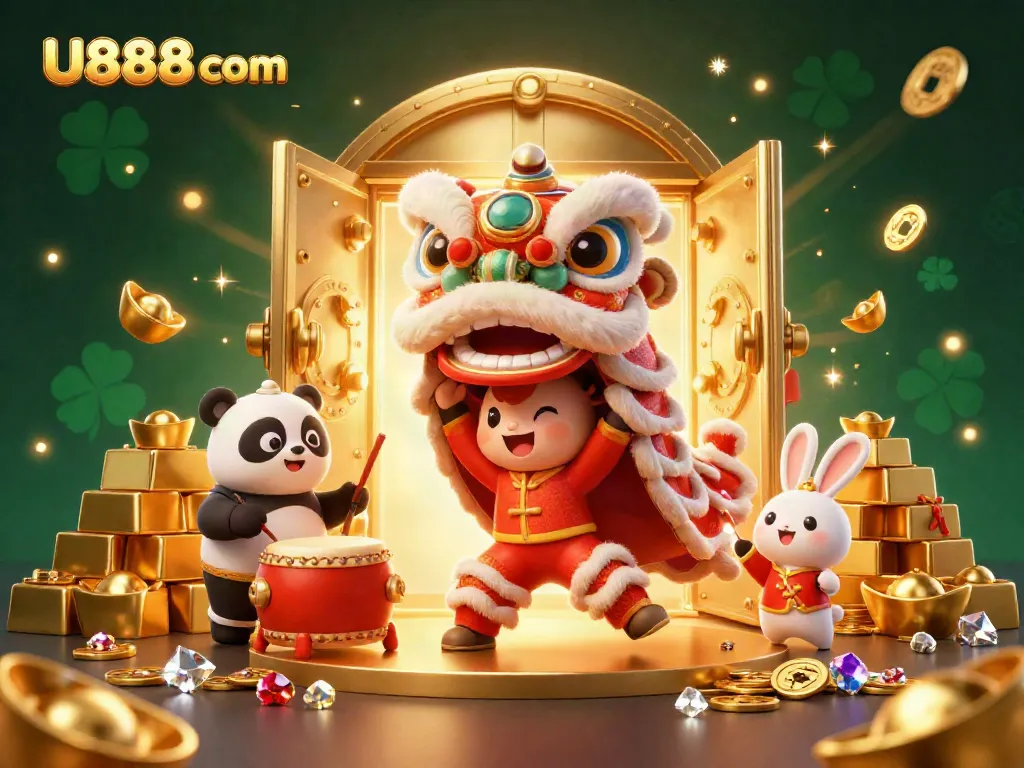Engage and win at U888 com with vibrant casino-themed playful characters amid sparkling treasures.