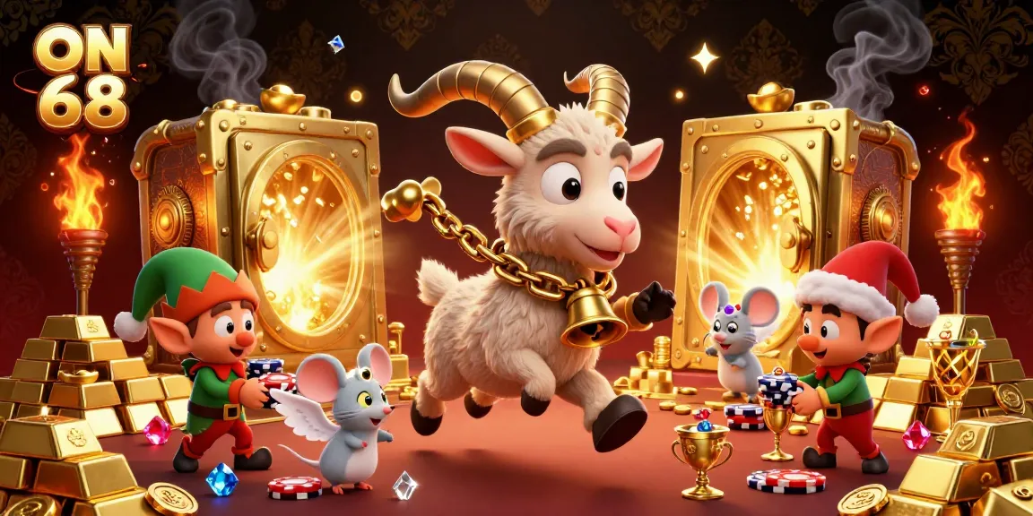 Experience the thrilling ON 68 gaming ambiance with festive Krampus and magical characters stealing poker chips in a vibrant casino scene.