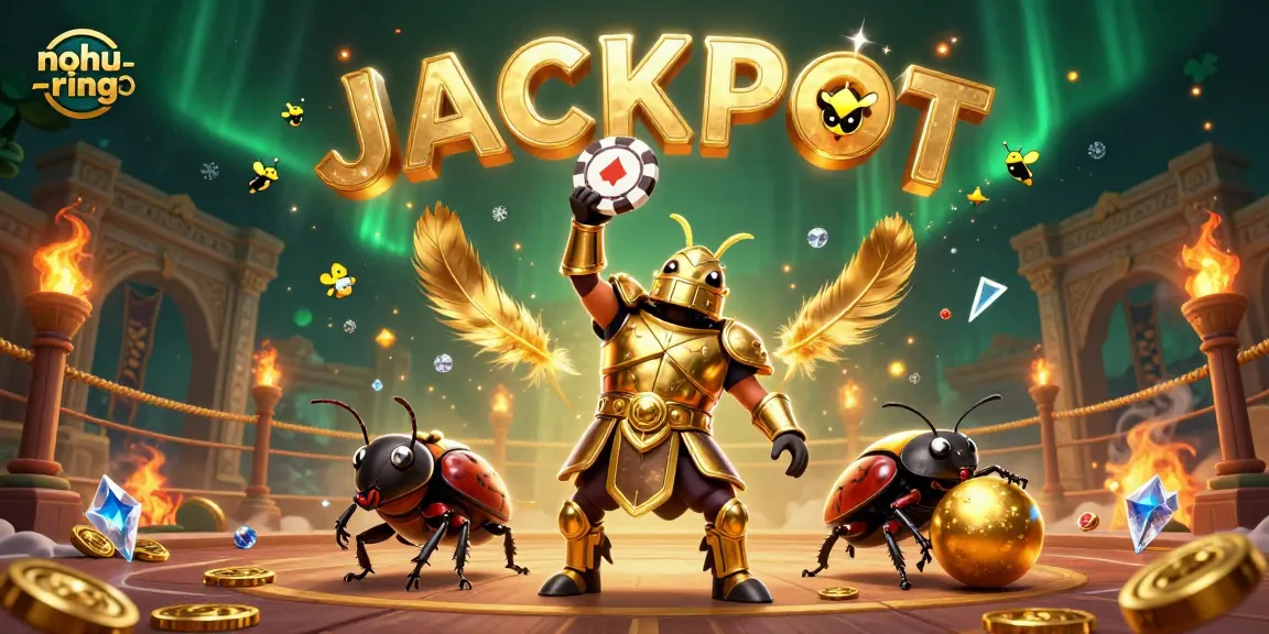 Nohu-ring game scene with beetle champions, showcasing jackpot excitement in a vibrant casino environment.