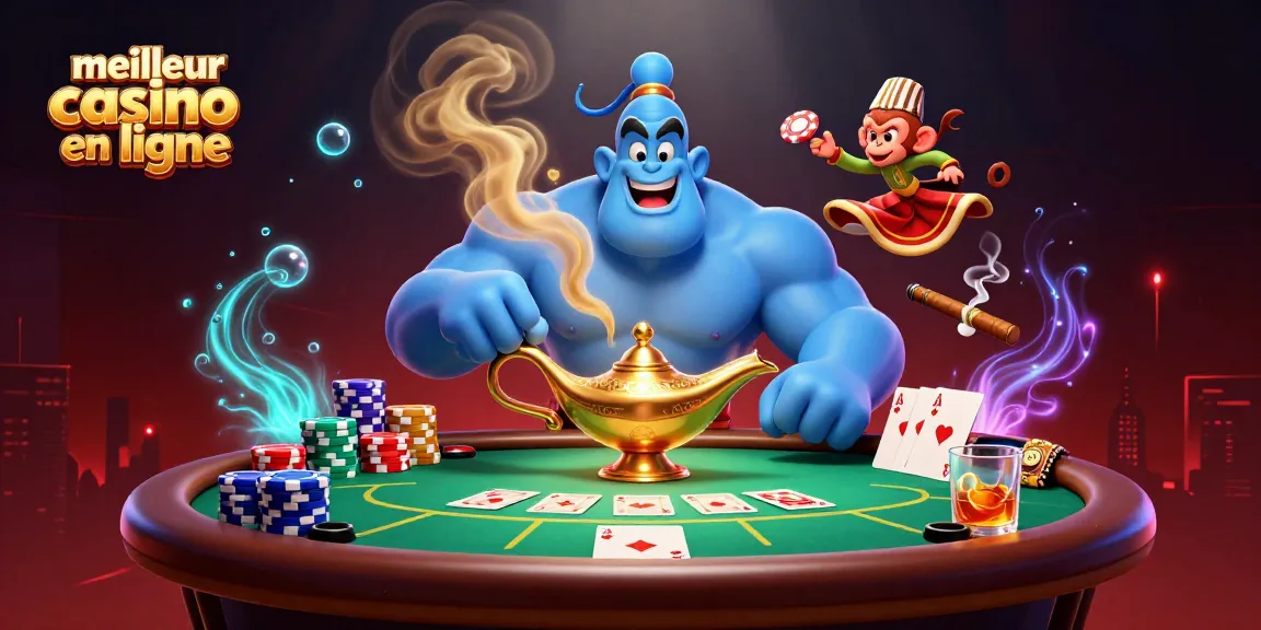 Jouer au meilleur casino en ligne avec un génie, un singe et des jetons de poker dans une scène dynamique.