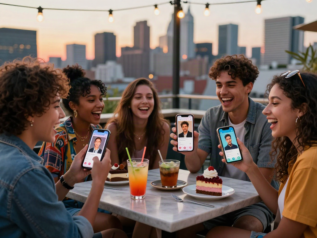 Friends joyfully comparing celebrity look alike matches on a smartphone at a city rooftop café.