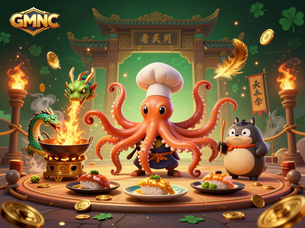 Engage with GMNC's fun 3D casino scene featuring a culinary octopus, dragon, and tanuki.