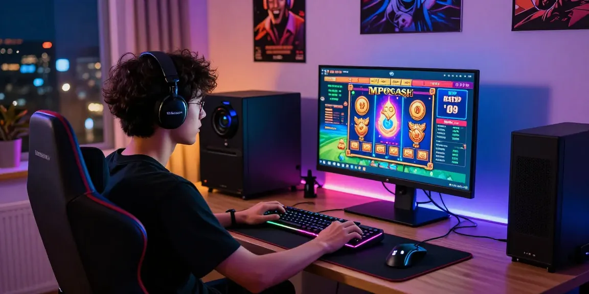 Engaging online gaming setup depicting MPOCASH slot games with vibrant graphics and gaming accessories in a modern workspace.