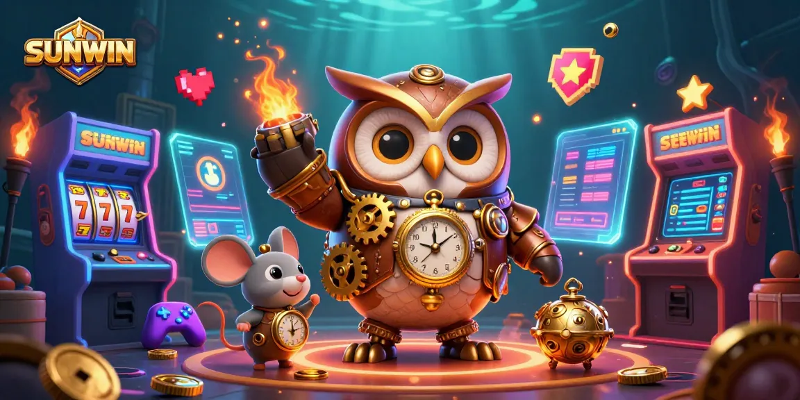 SUNWIN slots illustration featuring a time-traveling owl in a steampunk setting with rich casino elements.