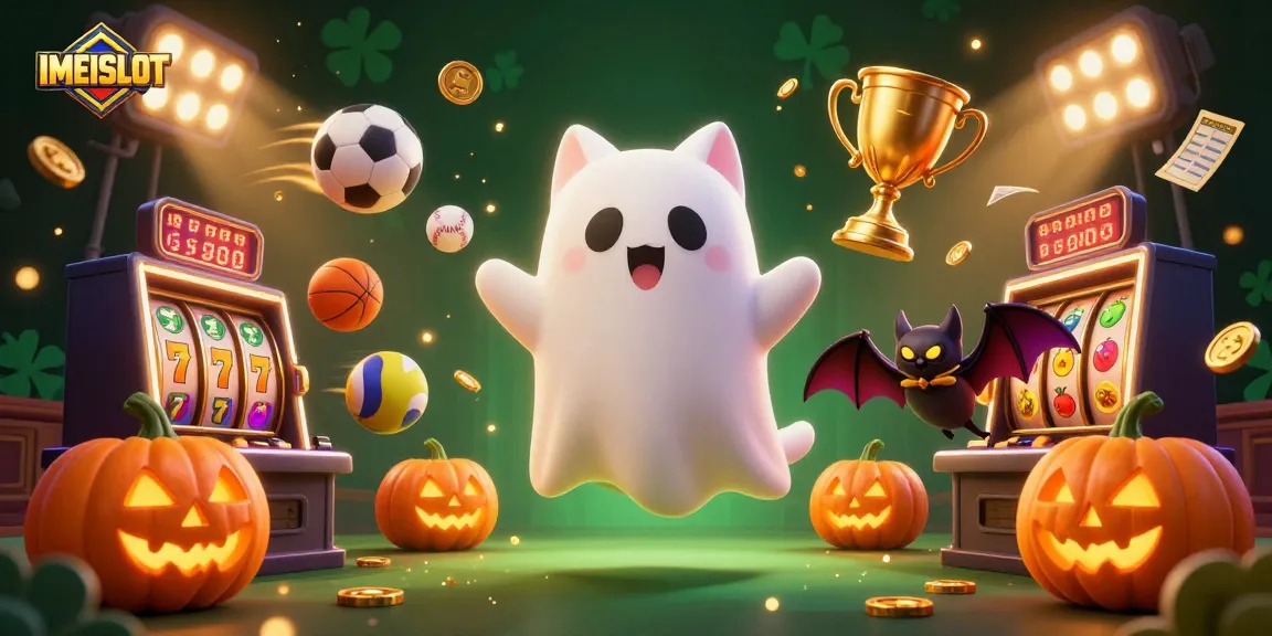 Experience the thrilling world of IMEISLOT with lively slot reels and playful ghost characters in a haunted casino.