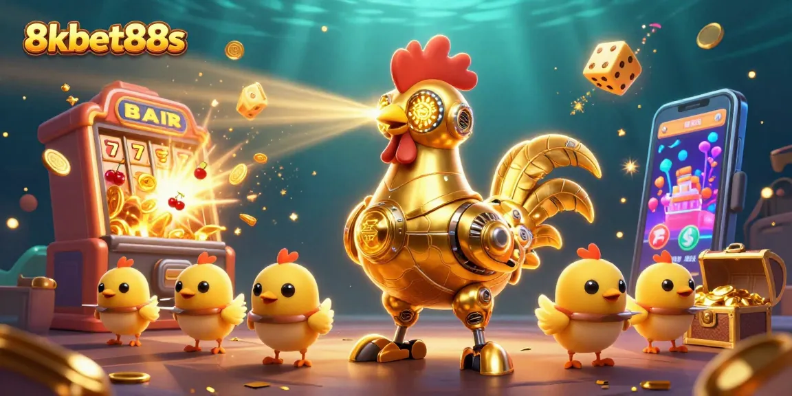8kbet88s featuring a golden rooster robot and chick drones celebrating a casino jackpot with colorful game elements.