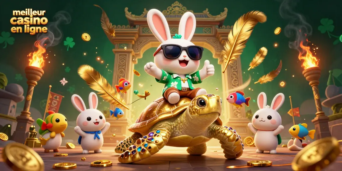 Jouez au meilleur casino en ligne avec notre illustration captivante d'un lapin chanceux et une tortue dorée.