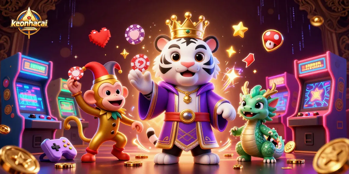 The vibrant scene showcases the keonhacai theme with a majestic white tiger in royal attire, a jester monkey juggling chips, and dynamic casino elements.