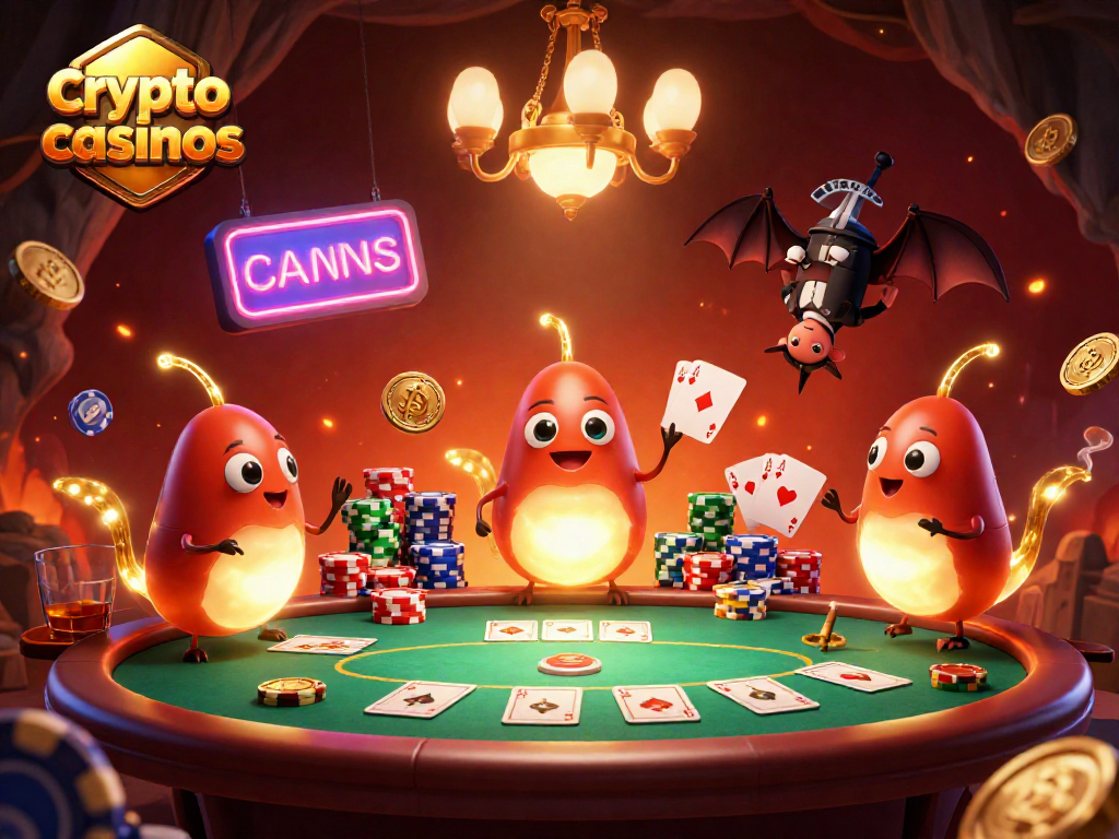 Jouez dans les crypto casinos avec une scène animée de vers luisants illuminant un casino avec des éléments de jeu.