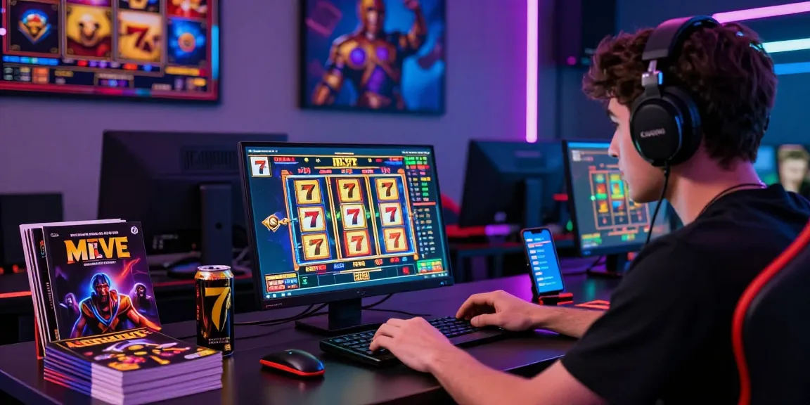 Excited player engaging with 777 slot games on a modern gaming laptop, surrounded by vibrant LED lights and gaming paraphernalia.
