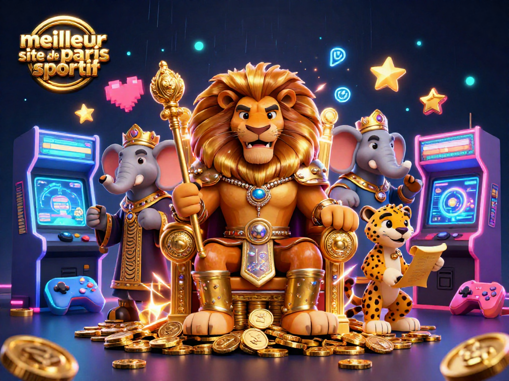 Voici une illustration 3D montrant le meilleur site de paris sportif avec un roi lion, un éléphant sage et un messenger guépard.