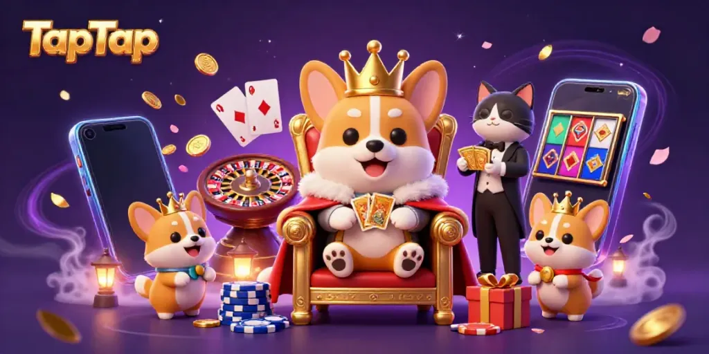 Experience excitement with TapTap as the royal corgi oversees a vibrant casino scene.