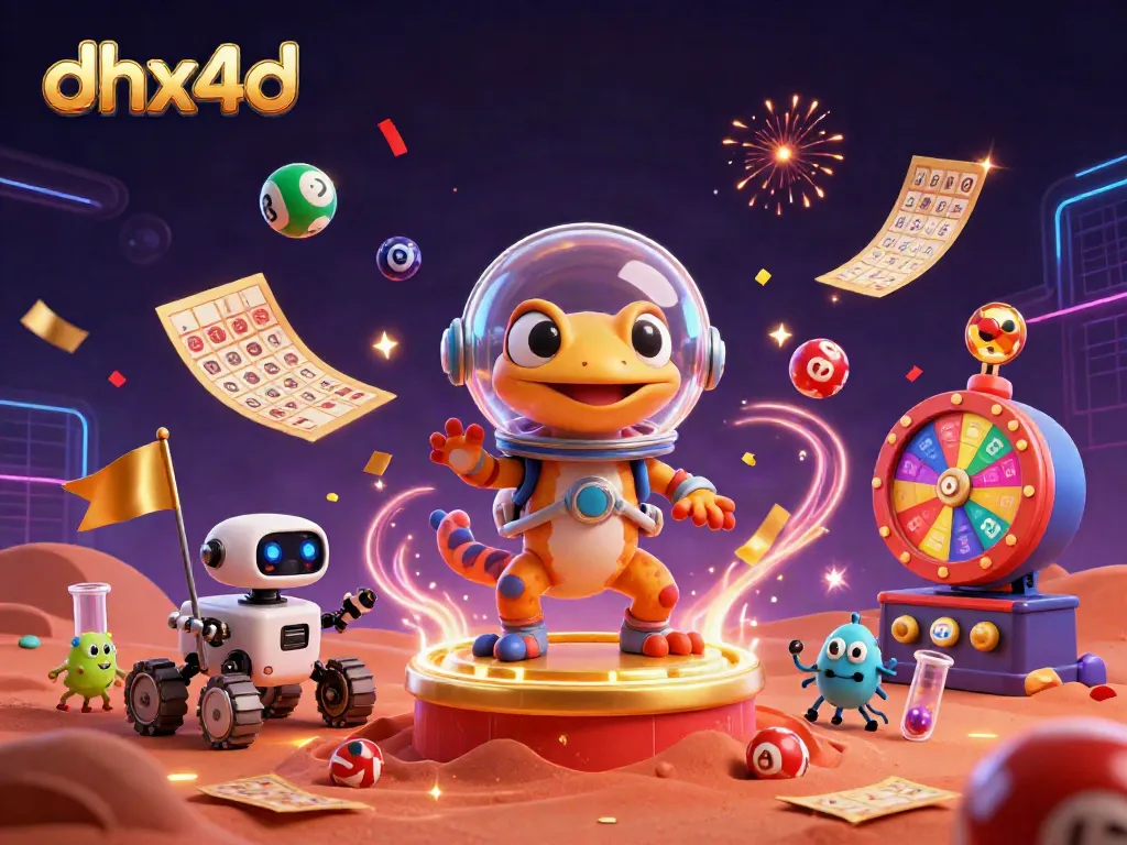 Melihat game menarik di DHX4D dengan ilustrasi gecko Mars dan elemen permainan yang dinamis.