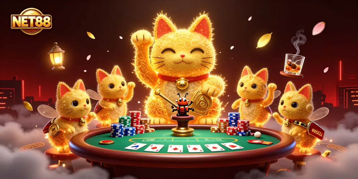 Engage in thrilling activities at NET88 with a vibrant scene showcasing a giant lucky cat and casino symbols.