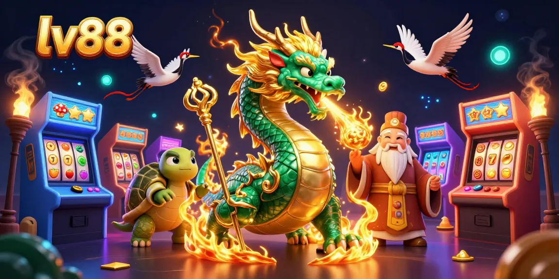 Experience lv88's vibrant casino world, featuring a jade dragon, turtle sage, and slot reels.