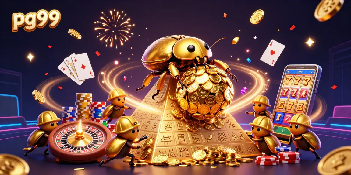 Experience winning thrills at pg99 with a golden dung beetle in a vibrant casino scene.