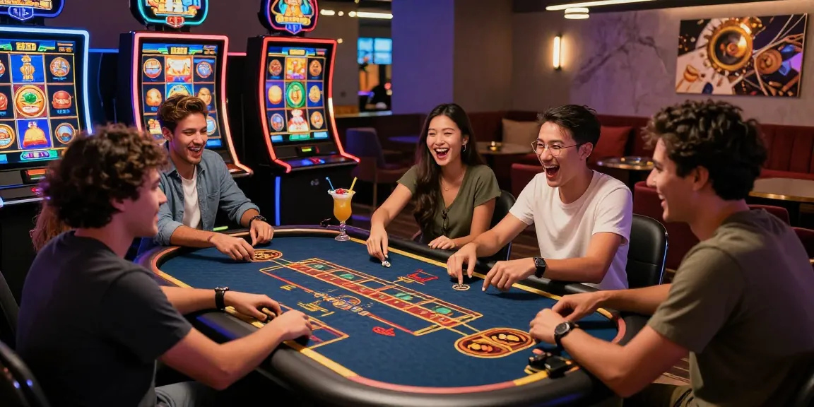 Exciting social gaming moment featuring friends enjoying a Jepang Slot game in a modern casino setting, vibrant visuals and drinks enhancing the experience.