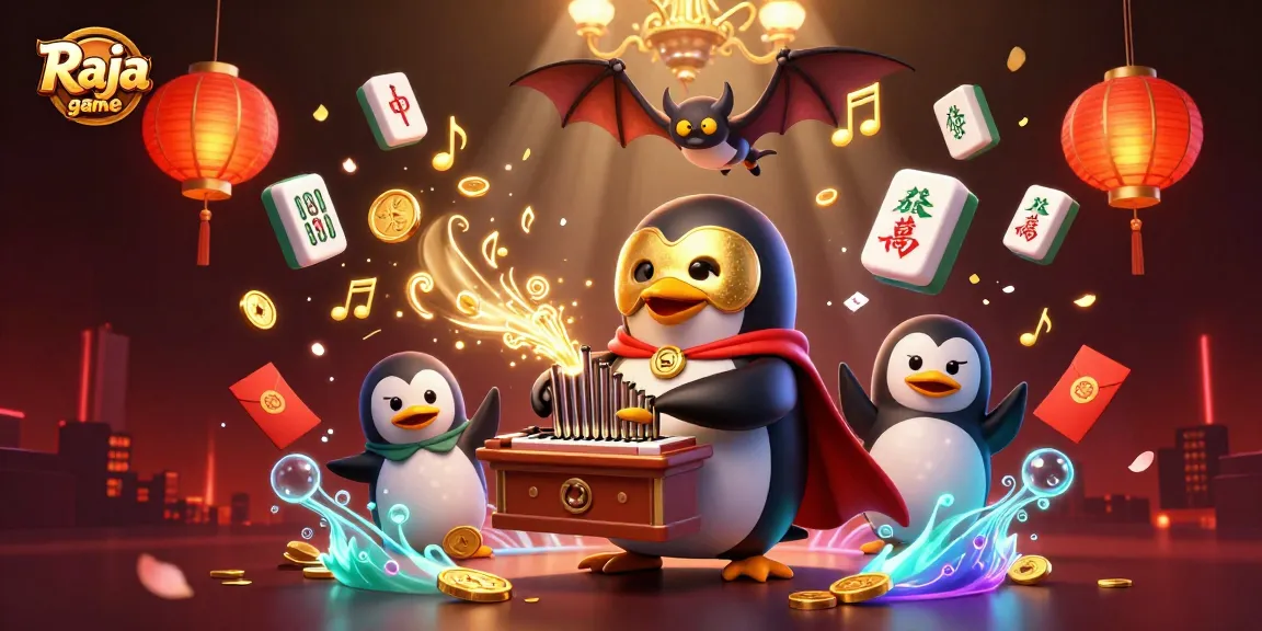 The Raja game scene showcases a vibrant, immersive online casino with a penguin playing a pipe organ, surrounded by colorful game symbols and flowing golden coins.
